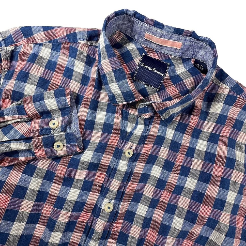 Tommy Bahama Mens XL 100% Linen Plaid Shirt Long Sleeve Blue Pink Marlin Resort